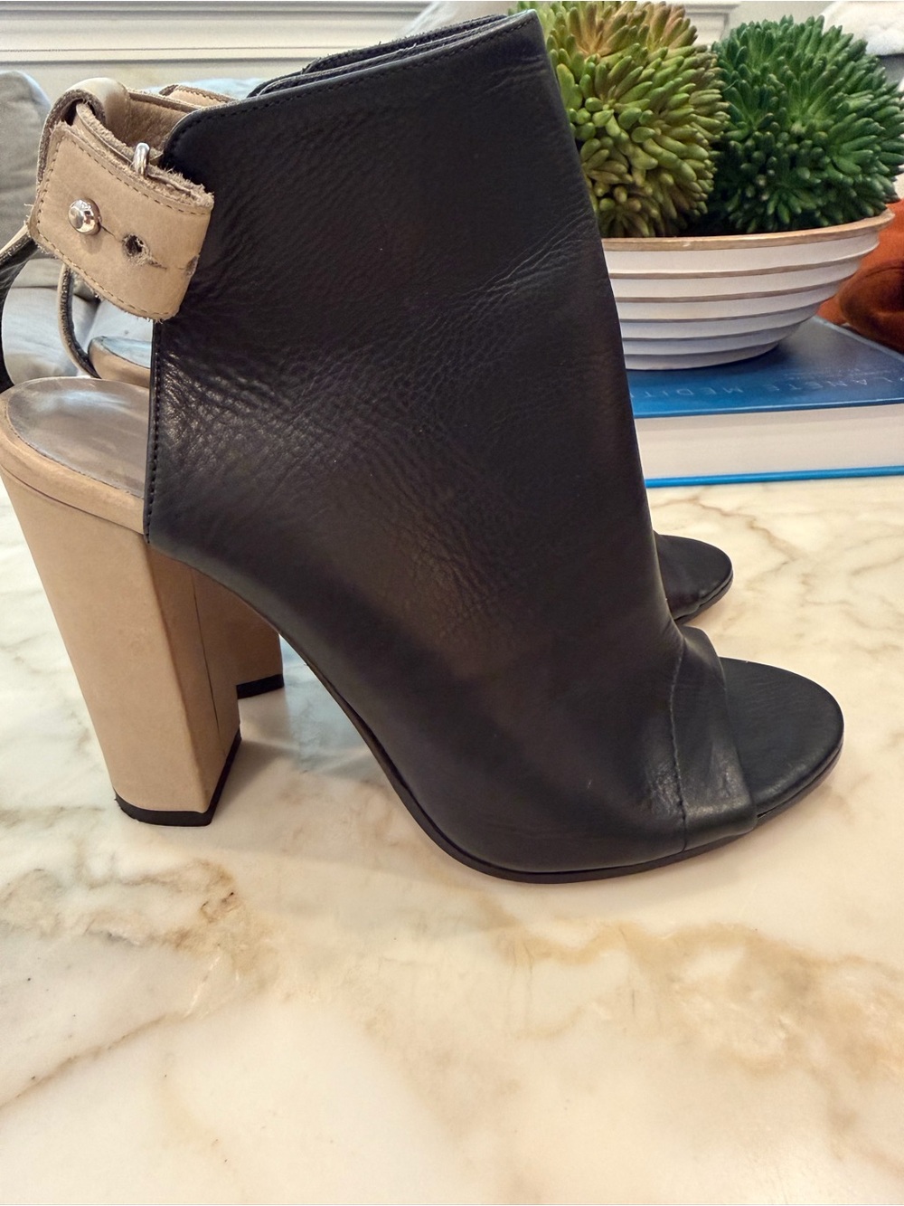 Vince Black Leather Open-Toe Block Heel Booties with Beige Heel Strap
